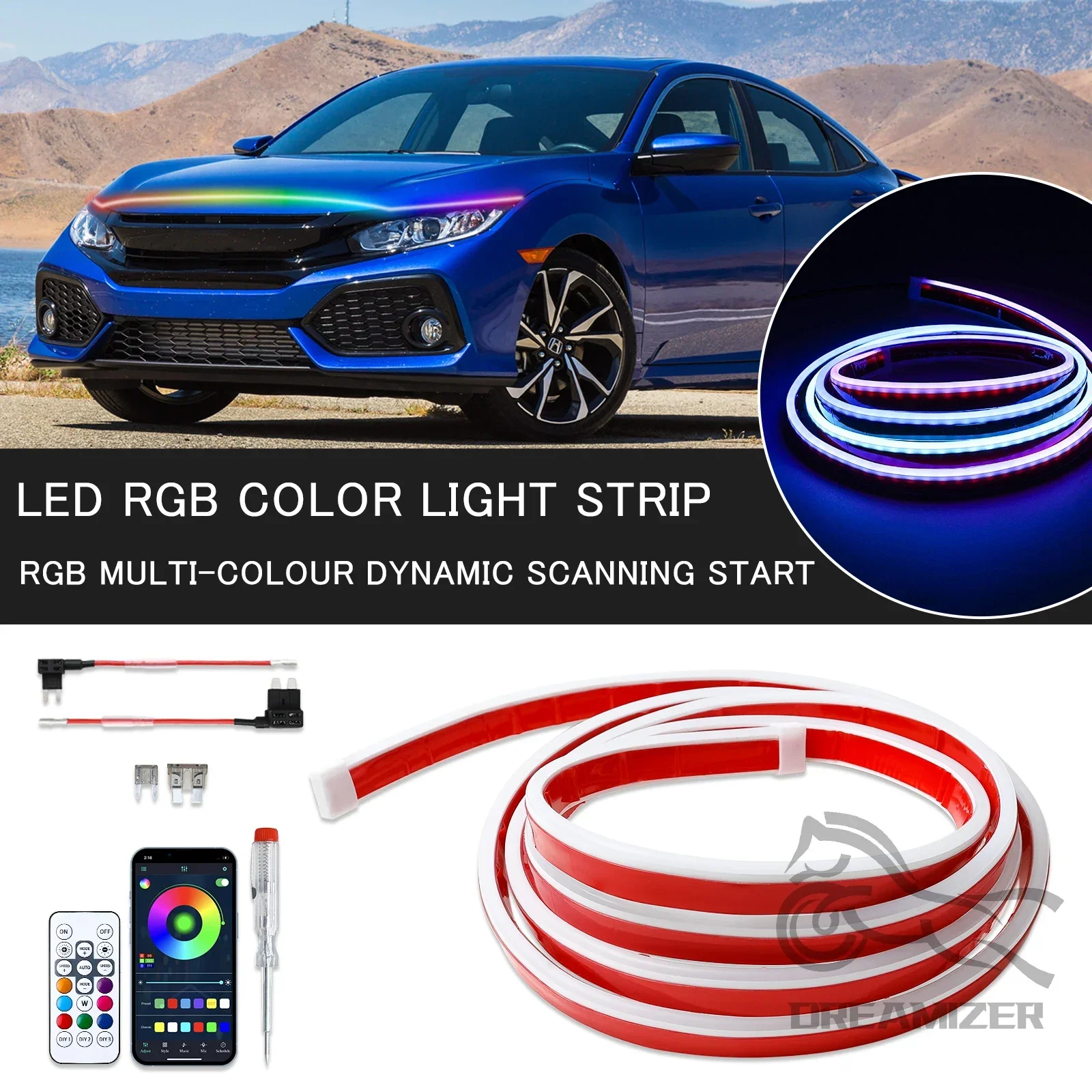 

240cm Car Hood Lights Strips Flexible Exterior Grille LED Retrofit Lights DRL Daytime Running Light With Turn Signal Dual Color