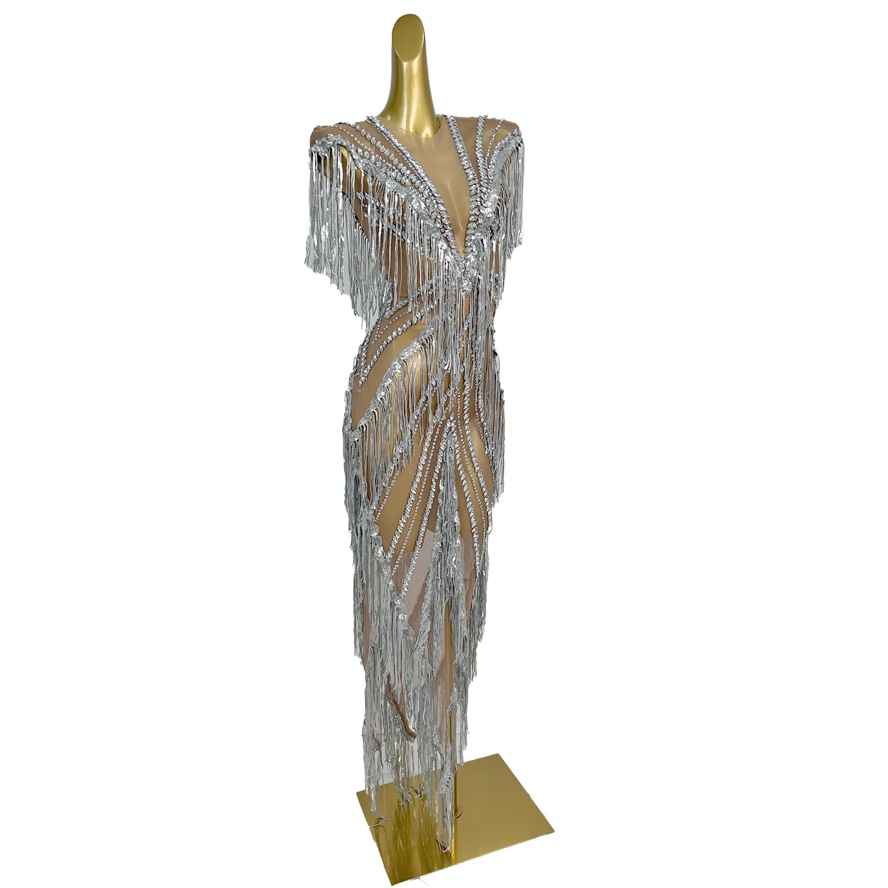 Shexian Shiny Sequins Tassel Latin Dance Dress Sexy Perspective Mesh X-Shaped Dress Bar Celebrity Performance Party Dress