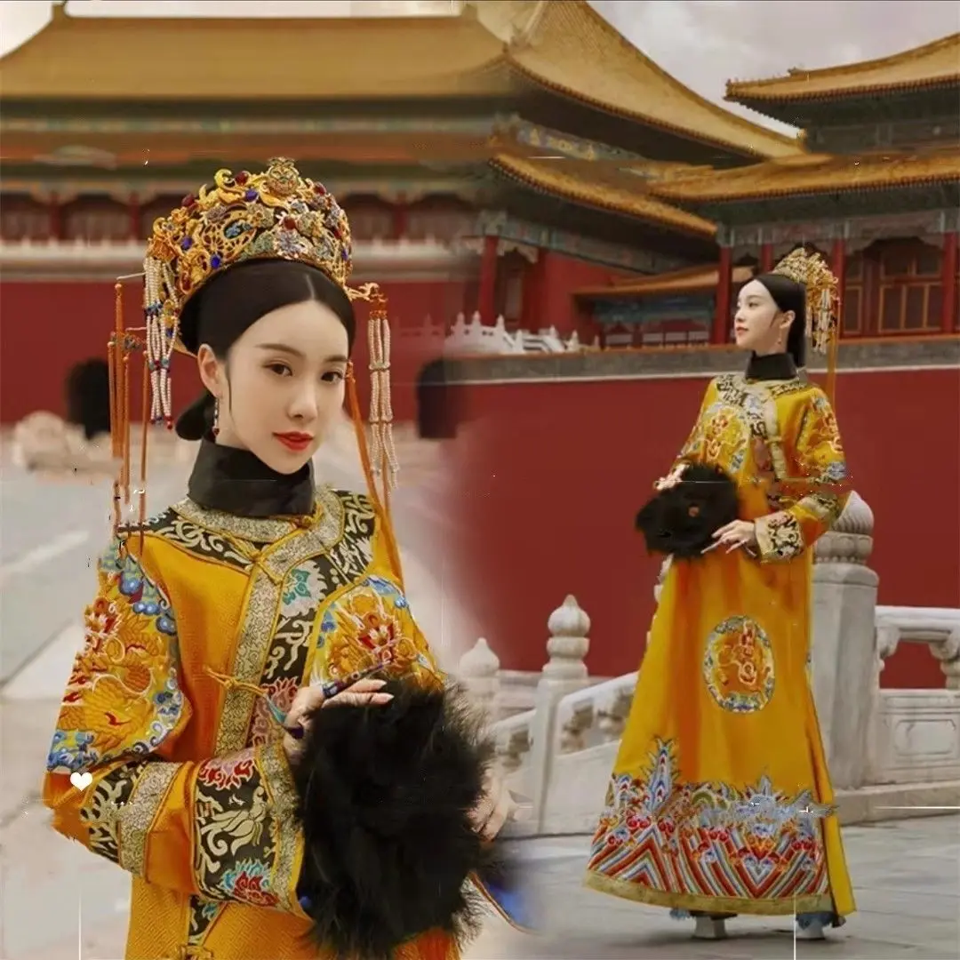 

Королевский костюм династии Цин на Хэллоуин-император/королева Cheongsam с принтом дракона, дворцовая фотография, традиционное китайское платье ханьфу