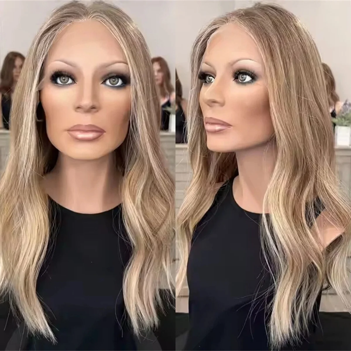 أشقر فاتح طويل مع تسليط الضوء على شعر مستعار صناعي بدانتيل أمامي للنساء، شعر مستعار جميل طبيعي مموج متوسط الحجم عالي الدقة بدون صمغ