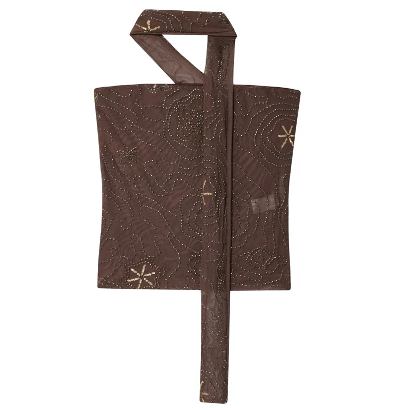 HXAO Gorsetowe Crop Topy Damskie Bez Ramiączek Top typu Halter Damski Letni Tiulowy Top z Koralikami i Cekinami Bez Pleców Półprzezroczysty Seksowny Top Bandeau