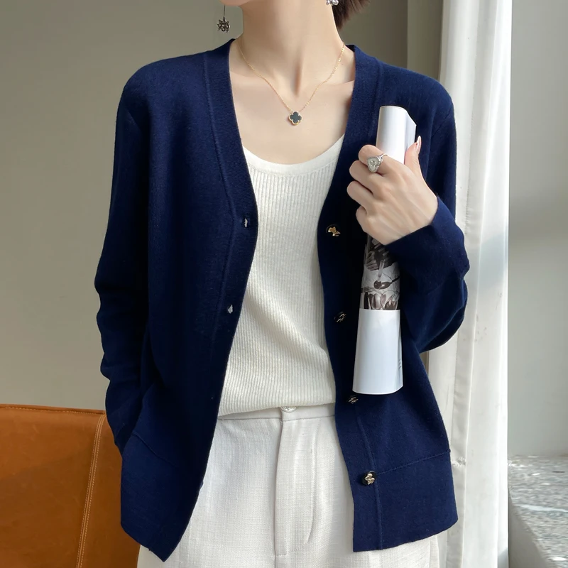 Spring New 100% Wool V-neck Sweater Cardigan Women Fashion Autumn Streetwear Casual Loose Long Sleeve Top Knit Female Cardigan