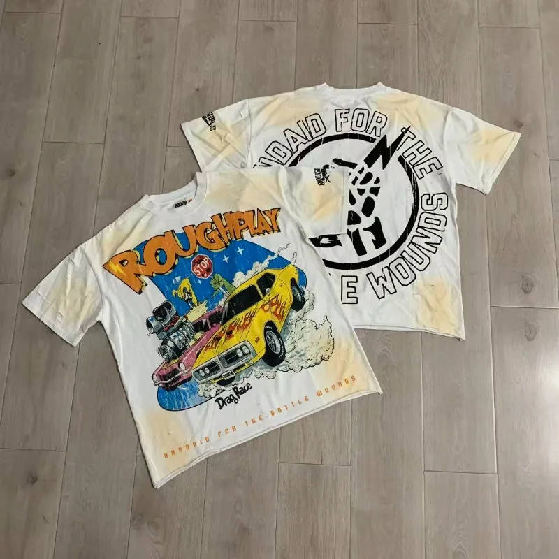 Rough Fun Car Printing T-Shirts Men Women Casual White Washed Shirts