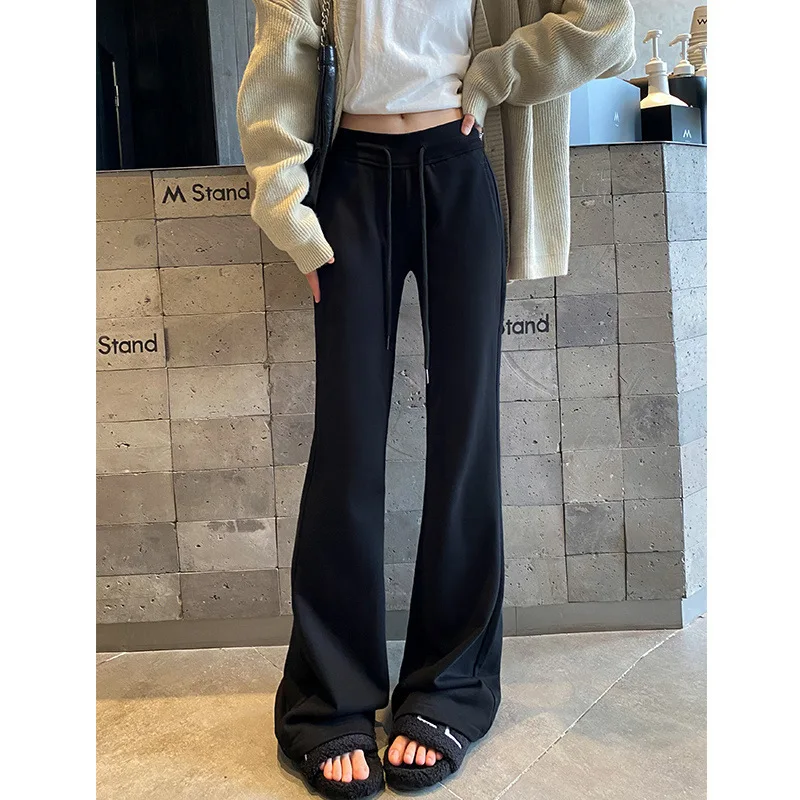 กางเกงขากระบอกทรงบานเอวสูงสีเทาไซส์ใหญ่ สไตล์อเมริกันลำลอง รุ่นใหม่ต้นฤดูใบไม้ผลิ มีเชือกผูก