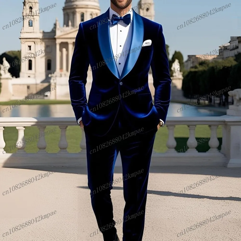 

New Dark Blue Velvet Men Suit Formal Business Groom Groomsman Wedding Party Prom Male Tuxedos 2 Piece Set Blazer Pants