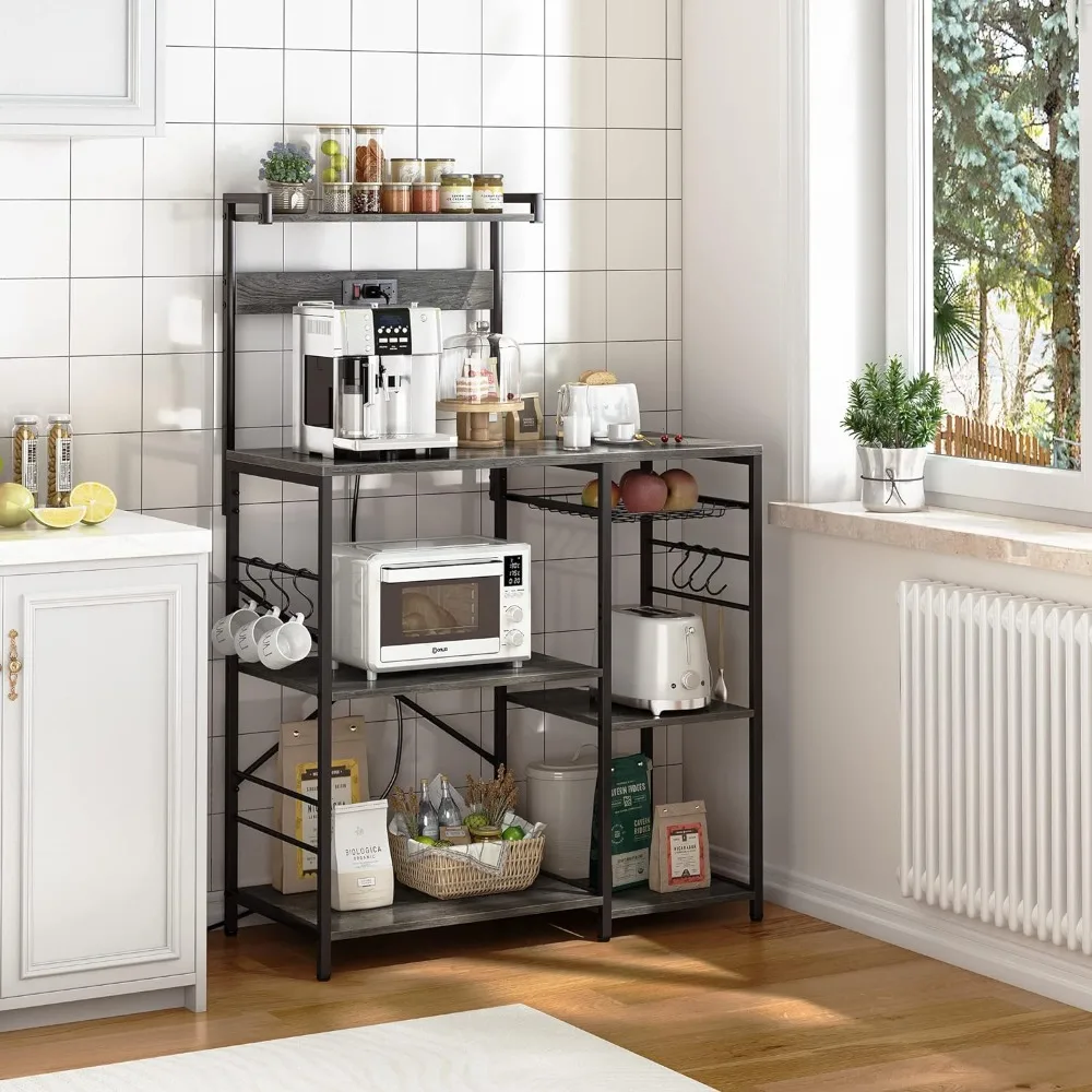 Bakers Rack with Power Outlet, Microwave Stand, Coffee Bar with Wire Basket, Kitchen Storage Rack with 6 S-Hooks