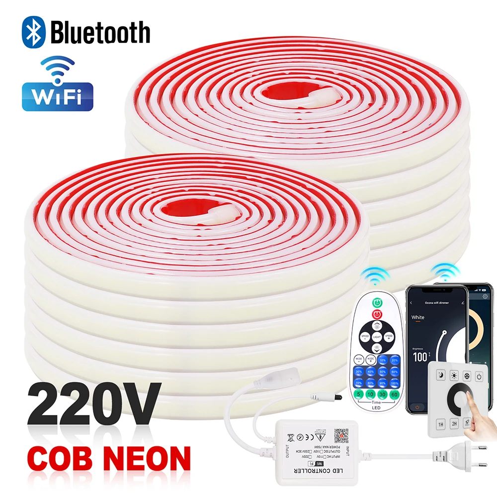 

220 В настенный сенсорный Wi-Fi Bluetooth COB светодиодная неоновая световая лента с регулируемой яркостью 23-клавишный комплект дистанционного управления мощностью 240LED с силиконовой веревкой IC
