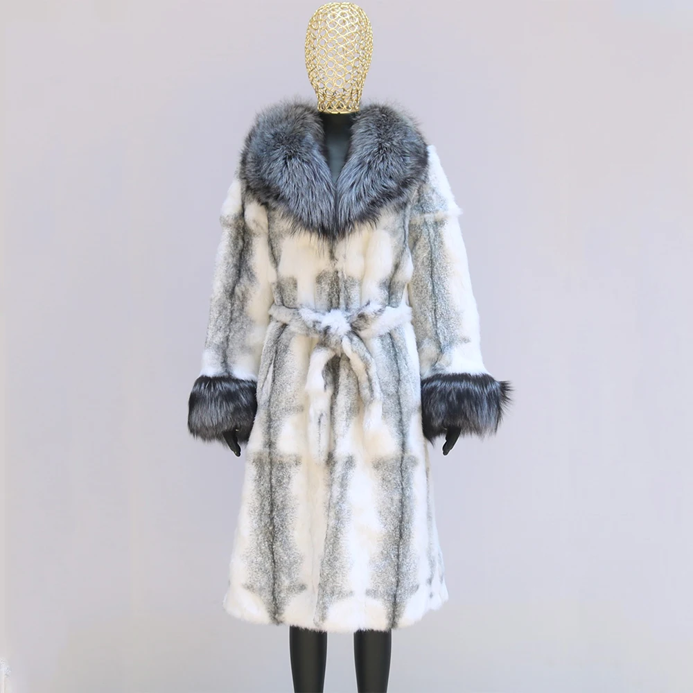 

Real Fur Coat for Women Rabbit Fur One-piece Long Style Fashion Warm Winter Real Fox Fur Collar Overcoat Plus Size Furry
