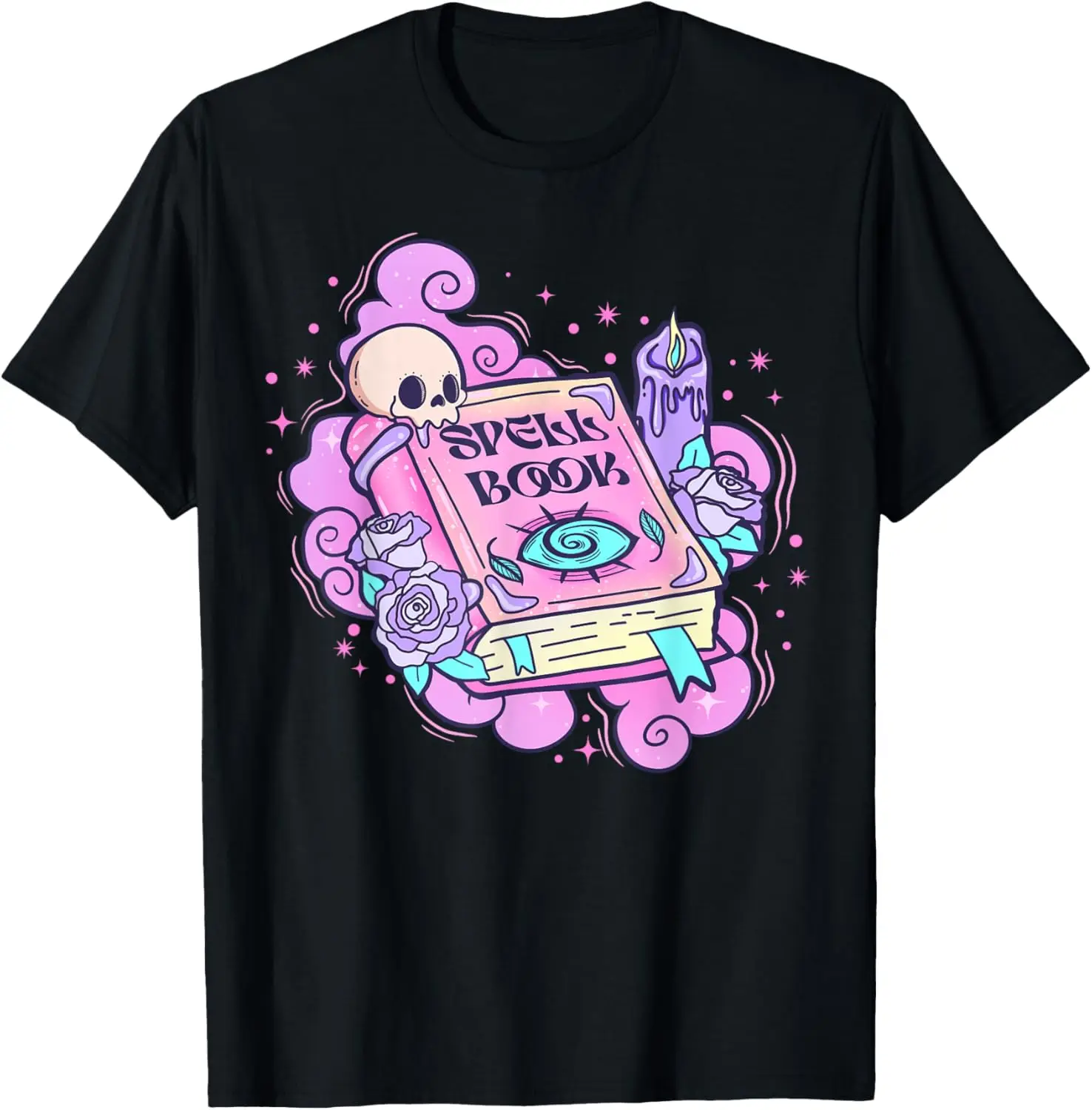 

Pastel Goth Spell Book Skull Cute Witchy Graphic Tee Soft Cotton Casual T-Shirt