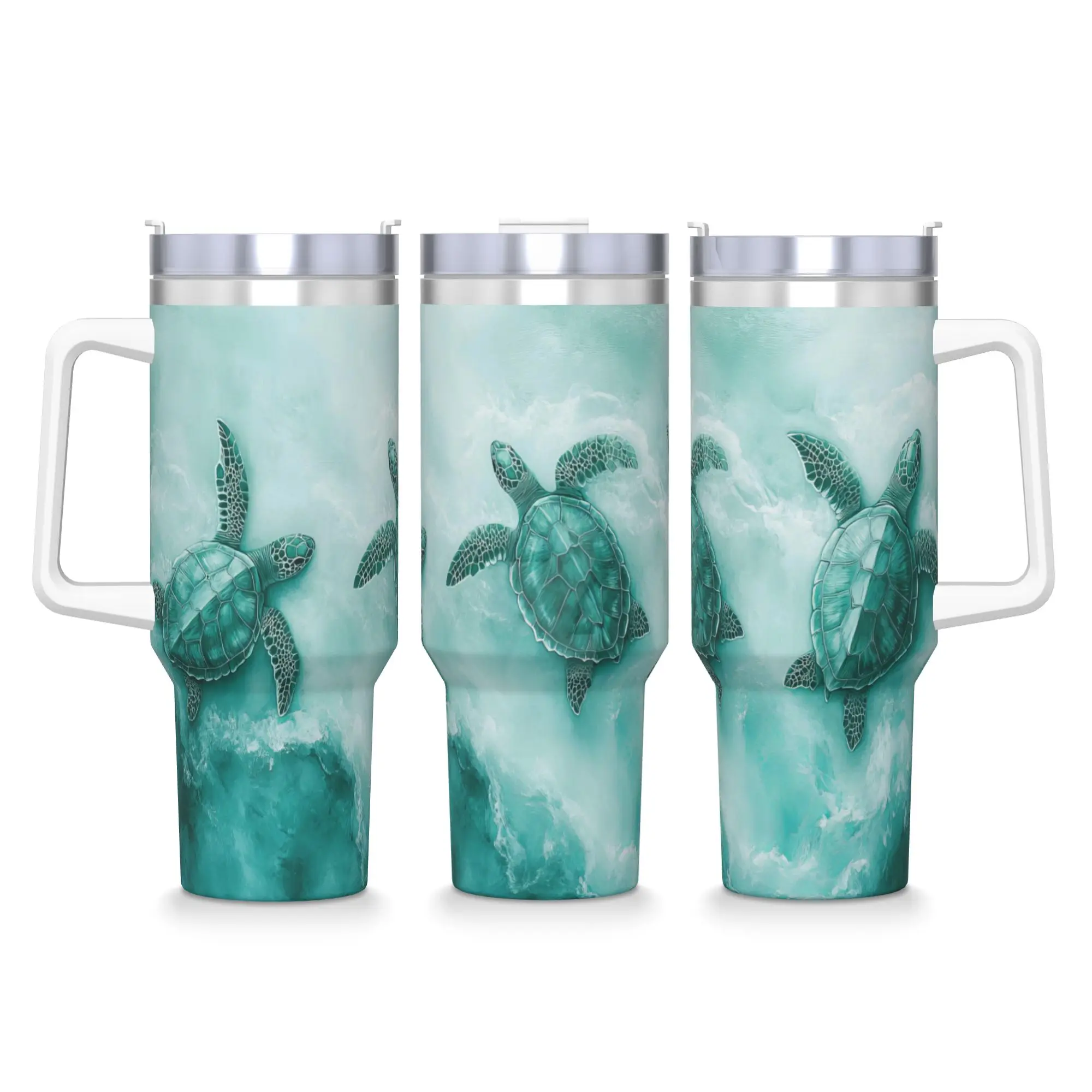 Three Teal Sea Turtles Ocean Wave Painting Stainless Steel Tumbler  Travel Thermal Mug With Straws and Lid Large Capacity Mugs
