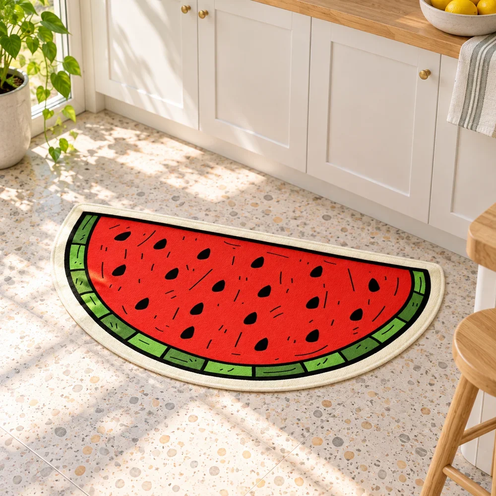 Watermelon Slice Shaped Floor Mat, Colorful Fruit Irregular Area Rug for Kitchen, Bedroom, Living Room and Summer Home Decor