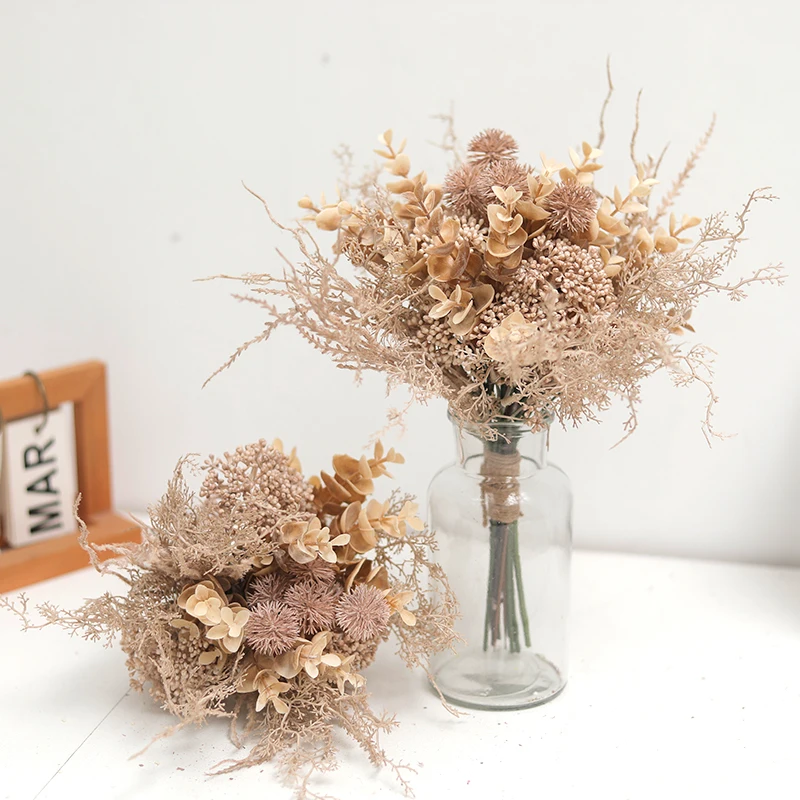 Flores artificiales de plástico, eucalipto, diente de león, hierba de rima, mesa para el hogar, cafetería, patio, centro de mesa de boda al aire libre, decoración, plantas falsas