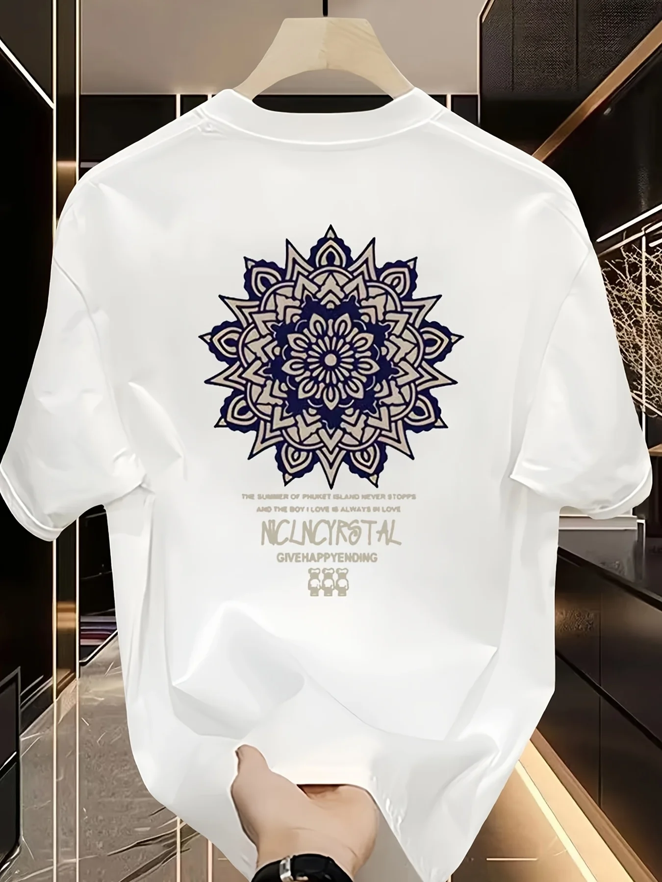 Mandala-Blumen-Grafikdruck, 100 % Baumwolle, Herren-T-Shirt für Sommer-Streetwear, ideal für Fans von aufwendigen kulturellen Designs