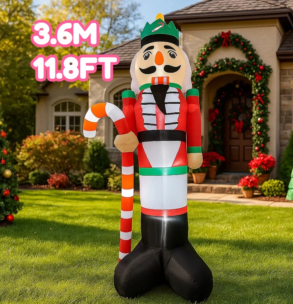 11.8FT Inflatable Toy Christmas Decorations Inflatable Nutcracker Soldier with Candy Cane Yard Ornaments  LED Lights Party Decor