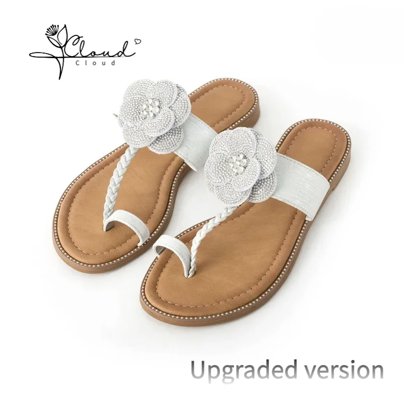 Atmosphere Concise Summer New Fashion Flat Bottom Flower Water Diamond One Line Cool Large Size Women's Exquisite Slippers