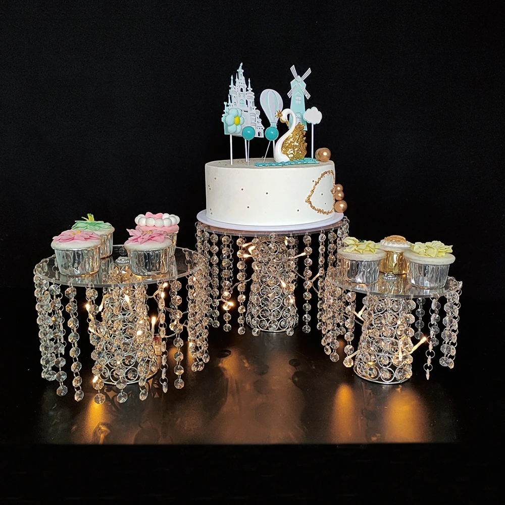 1pcs-3pcs/lot  Round Cake Serving Stand with Crystal  Dessert Cupcake Pastry with Hanging Acrylic Crystals for Wedding Event
