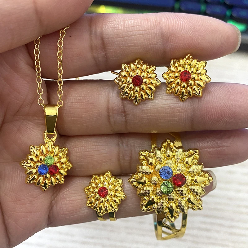 French Necklace African Gold Color Stone Kids Rings Earrings Sets Dubai Bangles for Baby Bridal Jewelry Girls Jewellery Arabic