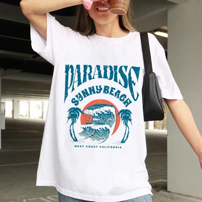 

Leisure Women's Patterned Beach T-Shirt Clothing Women's Short Sleeved Happiness Comes In Waves Printed Summer O-Neck T-Shirt.