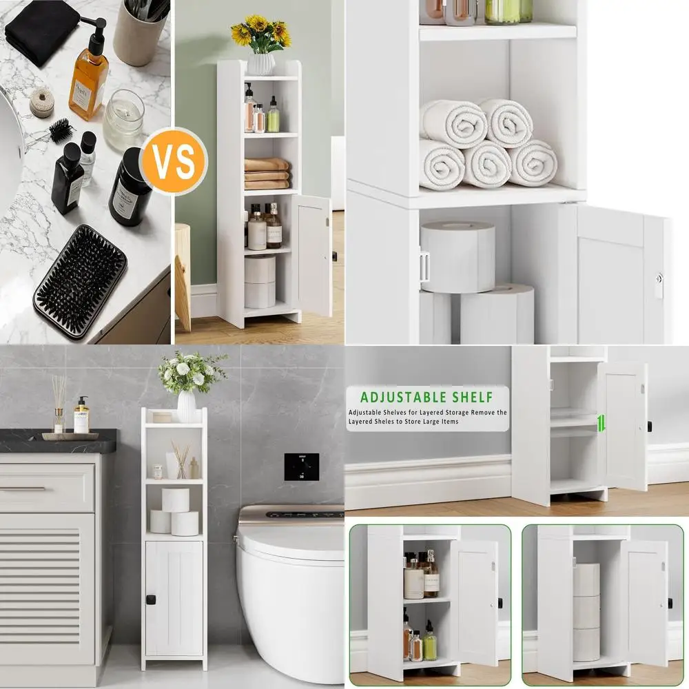 

Corner Floor Cabinet with Adjustable Shelves for Small Bathrooms - White Freestanding Toilet Paper Storage