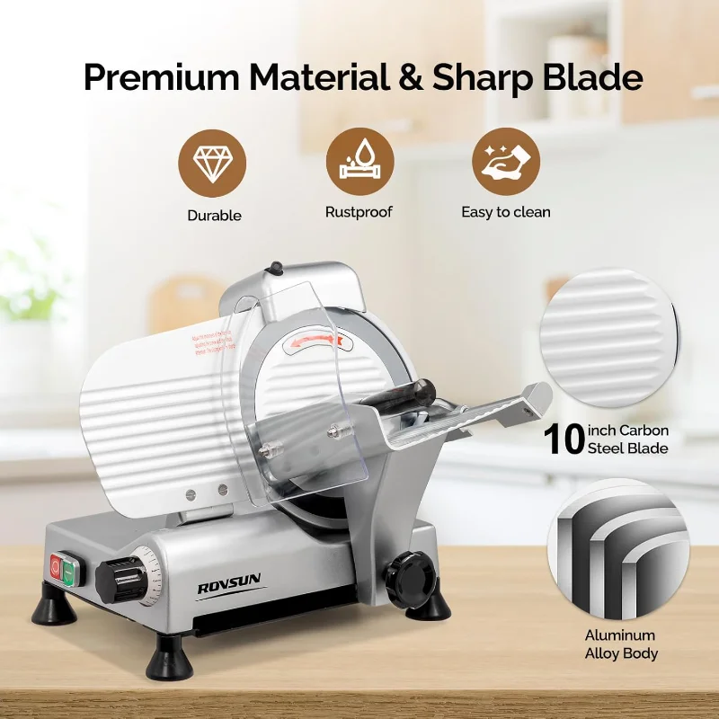 ماكينة تقطيع اللحوم التجارية مقاس 10 بوصة من ROVSUN، ماكينة تقطيع اللحوم الكهربائية بقدرة 240 وات، ماكينة تقطيع الطعام باللحم المجمد والجبن مع قابلة للتعديل