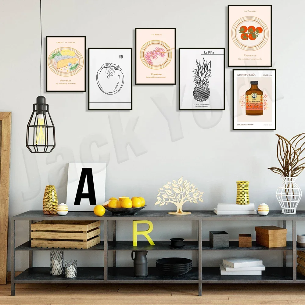 French countryside poster, grapes, pineapple, lavender cake, tomato illustration, kombucha, oat milk, persimmon, cocktail print