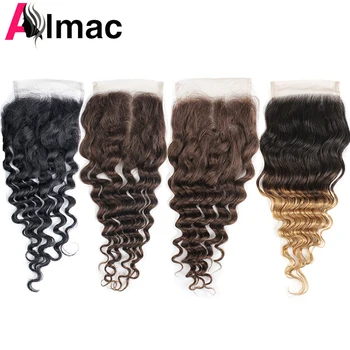 Diepe Golf 4X4 Vetersluiting Natuurlijke Zwarte Honing Blond Bruin Kleur Haar Sluiting Indian Remy Haar Met Zwitserse kant Gratis/Middelste Deel