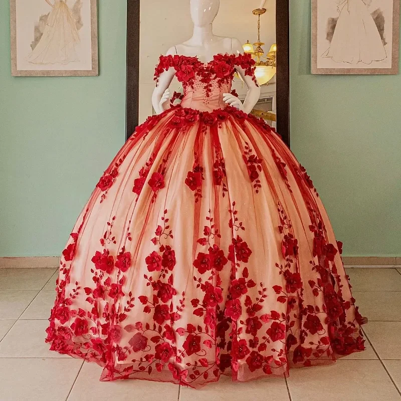 Sexy Mexican Red Quinceanera Dresses Pretty Flower Appliques Illusion Corset Shinning Off-Shoulder vestidos de 15 quinceañera