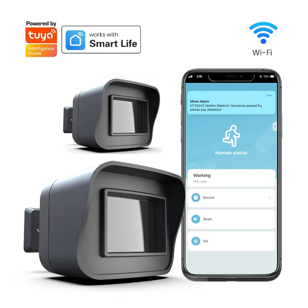 

HTZSAFE Tuya Wifi Smart Outdoor Home Security Weather Resistant WiFi Motion Sensor Remote Control APP Notifications With Alexa