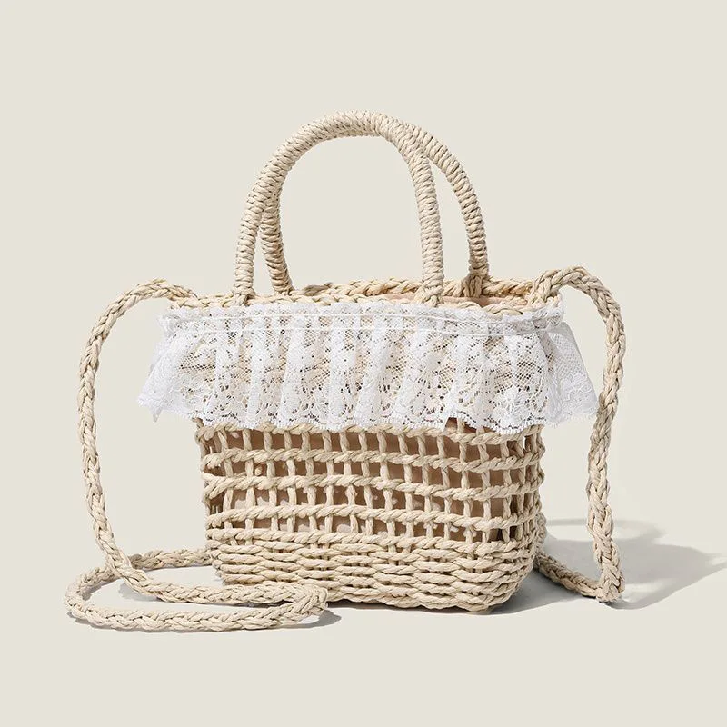 

Handmade Lace Woven Unique Small Crossbody Bag with Floral Edge Summer Fresh Fairy Straw Bucket Bag for Women