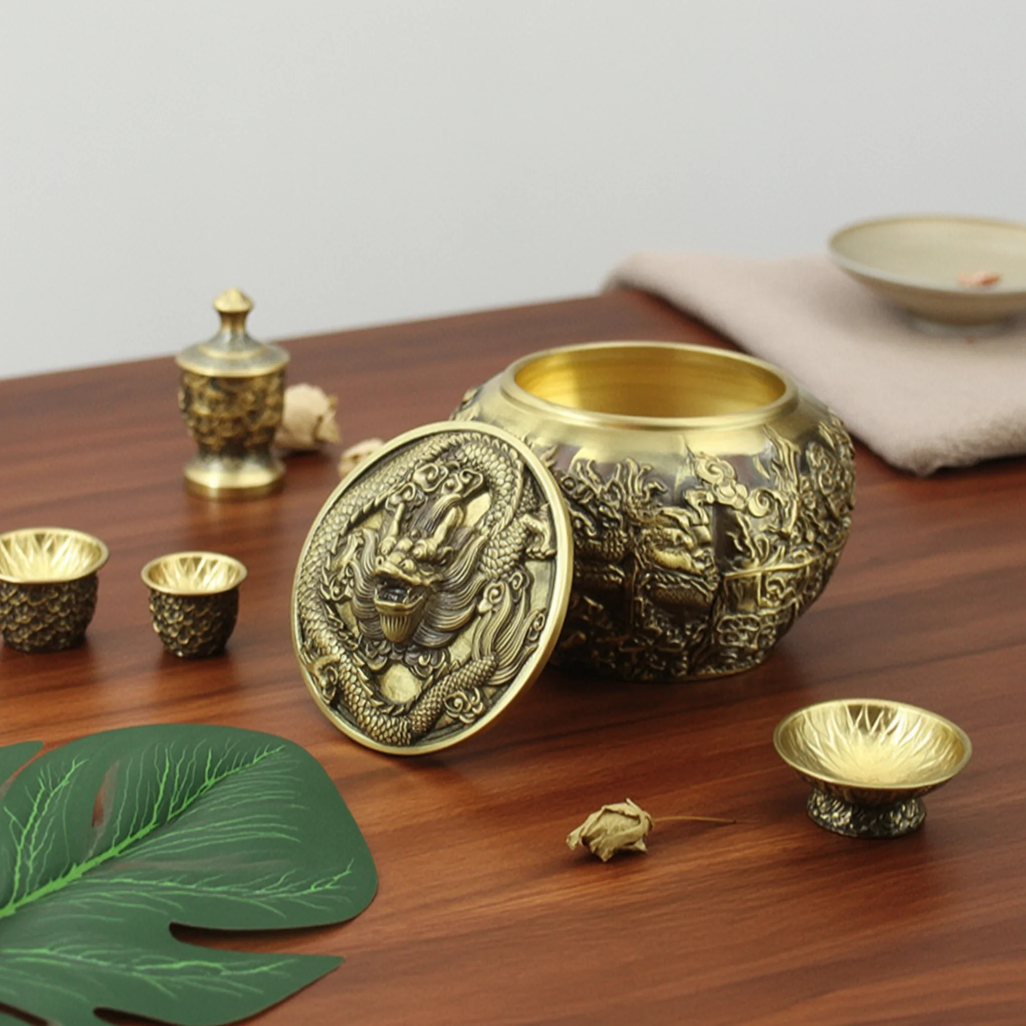 Brass Tea Canister with Dragon Motif Decorative Brass Tea Container with Lid Canister with Lid Long-Lasting Heavy-Duty