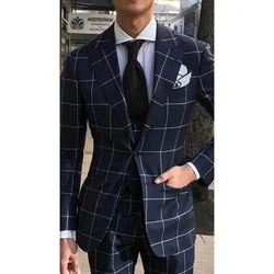 Stylish Single Breasted Black Plaid Men Suits Peaked Lapel Plaid Men Suits For Business 2 Pieces Set Jacket Pant Wedding Tuxedos