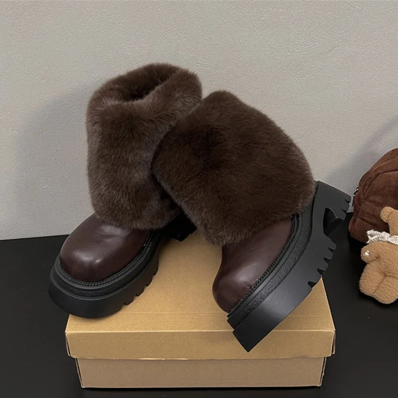Fur Flats Women Ankle Boots Platform Designer Shoes Casual Fashion Winter Warm Botas 2025 New Trend Cozy Dress Mujer Snow Boots
