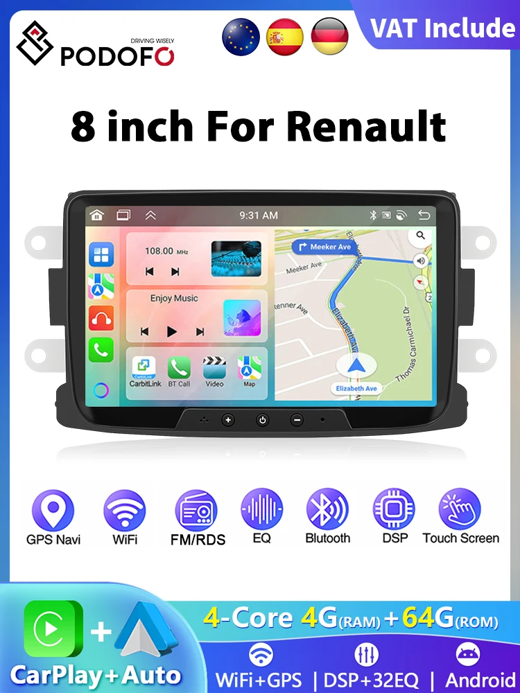 Podofo 8 "Autoradio CarPlay Android Radio Voor Renault Dacia Sandero/Duster/Logan/Dokker 2010-2015 multimedia GPS Bluetooth FM - afbeelding 2