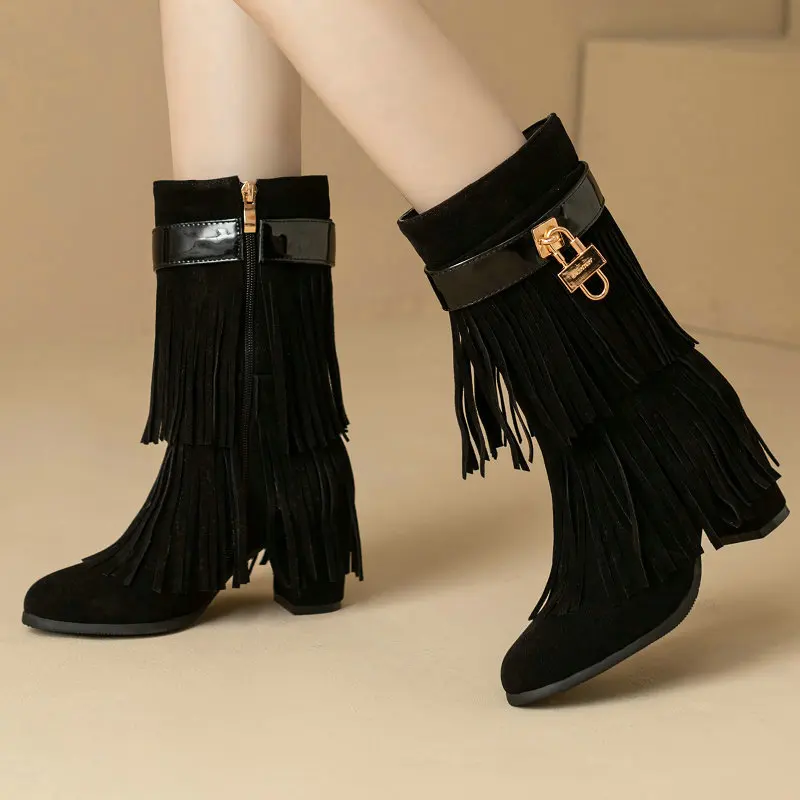 Luxury Brand Metal Lock Mid-calf Western Women Boots With Fringes Tassels Cowboy Winter Shoes Block High Heels Big Size 50 51 52