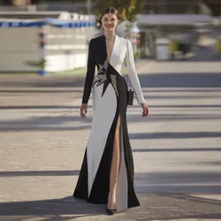 Vestido De fiesta blanco y negro a la moda, vestido De noche Formal De sirena De manga larga con cuello en V profundo, vestido De fiesta con abertura larga, batas De Bal