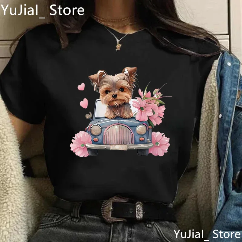 

Yorkie Love Car Print T Shirt Girls Pink Flowers Dog Lover Tshirt Women Gray/Green/Yellow/Pink/Black/White T-Shirt Female