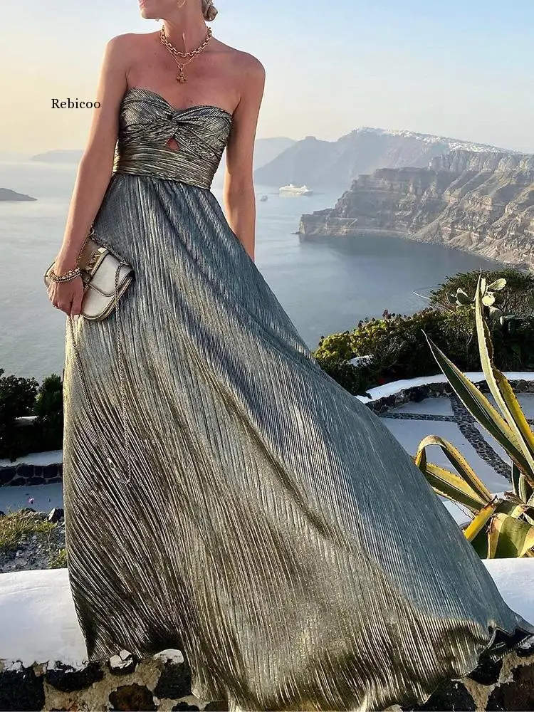 

Sleeveless Off Shoulder Waist Beach Dress Sexy Twist Tube Top Hollow Dress Cover-Ups Women Vintage Elegant Solid Dress Cover-Ups