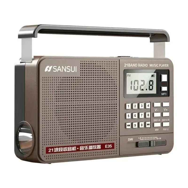 Radio E35, altavoz Retro Digital portátil, reproductor de música de graves HiFi, FM AM SW, banda completa con linterna LED, compatible con tarjeta USB TF