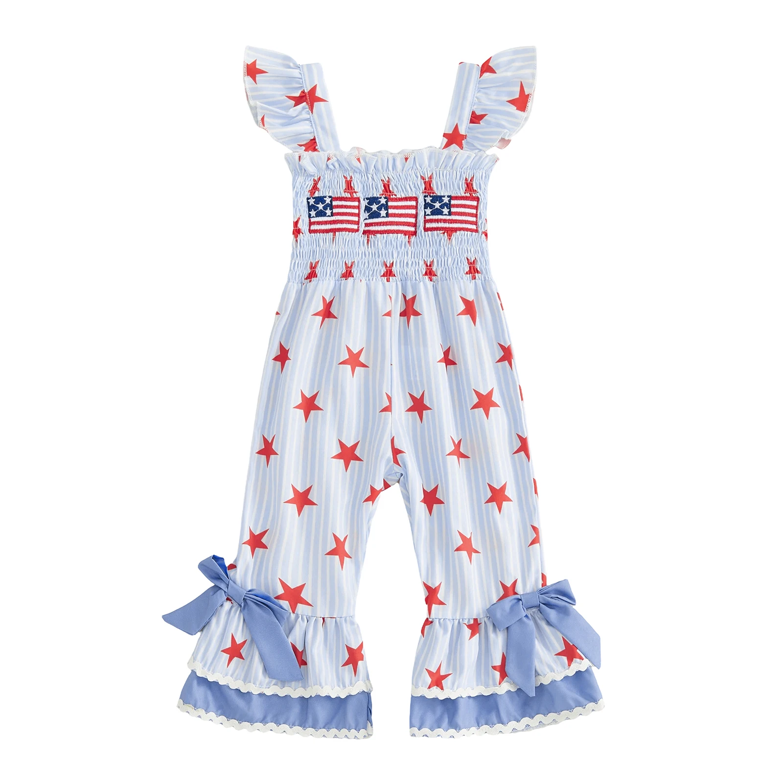 

Girls 4th of July Jumpsuit Sleeveless Smocked Bust Stars and Stripes Print Romper Toddler Bell Bottoms