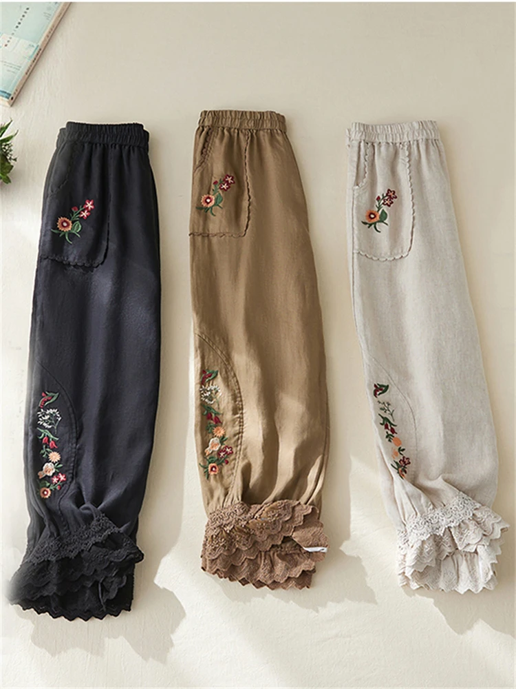 Women\'s Cotton Linen Pants Female Elastic Waist Floral Embroidery Traditional Folk Lace Patchwork Ankle Length Casual Trousers