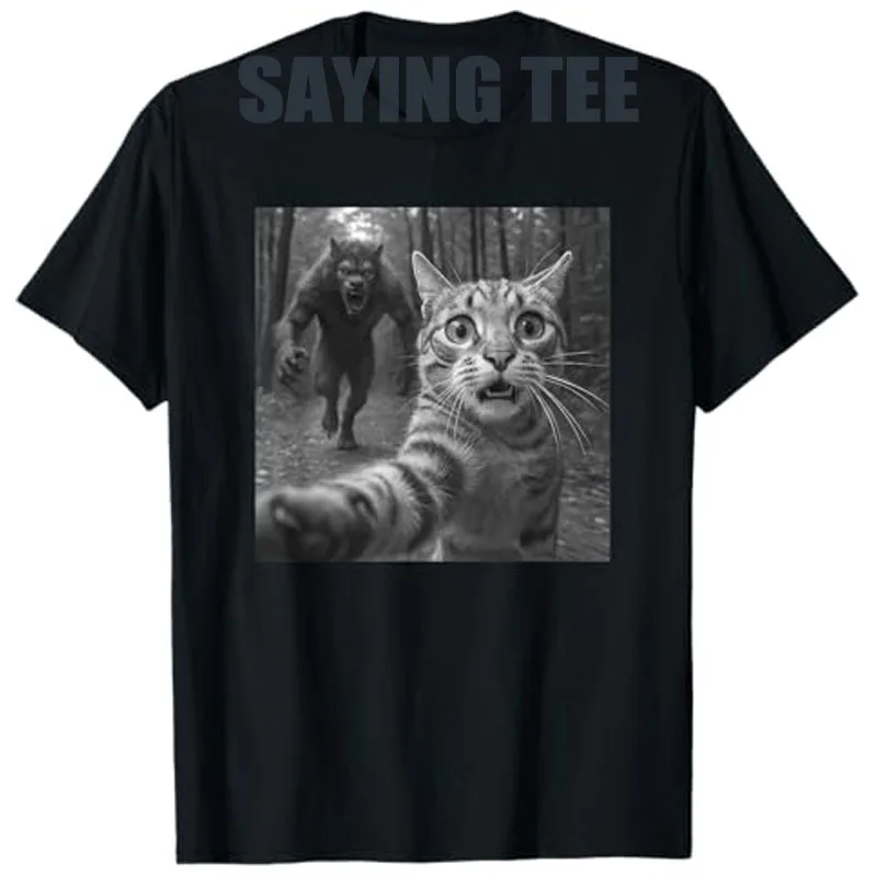 Funny Cat Selfie Werewolf Chase Scary Monster Gift T-Shirt Cute Kitty Ufo Y2k Graphic Outfit Short Sleeve Blouses Saying Tee Top