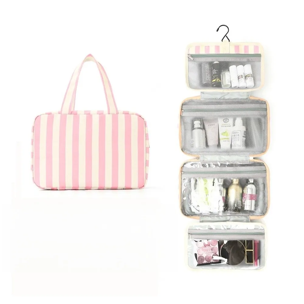 Portable Hanging Travel Toiletry Bag 4-Fold with Hook Makeup Bag Large Capacity Striped Cosmetic Bag Travel image 3
