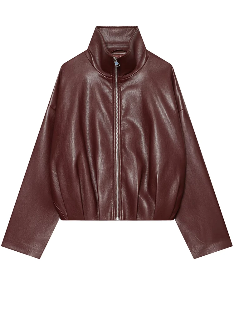 HH Women's Pleated Hem Cropped Leather Jacket Spring Fall Burgundy PU High Stand Collar Zip Closure Loose For Casual Travel