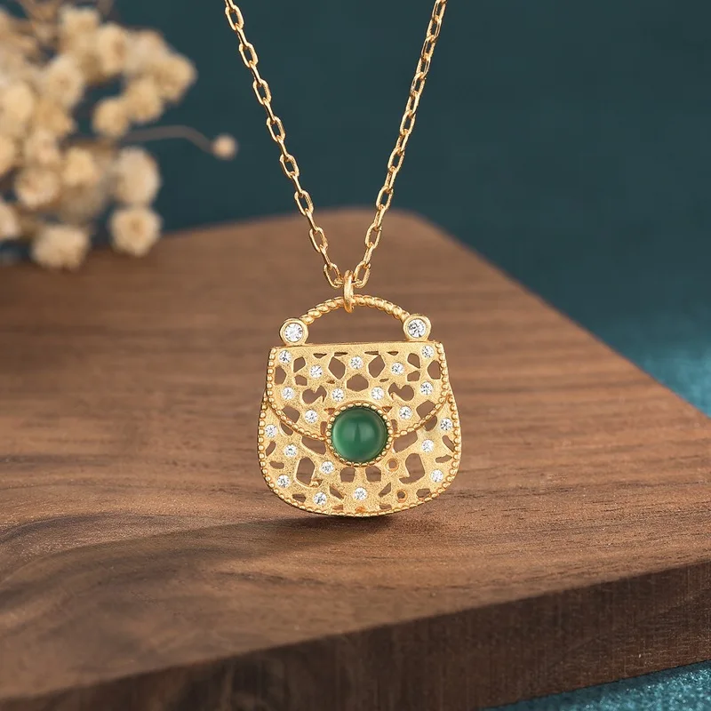 New Small Lock Bag Necklaces Women Copper Gold-Plated Full Zircon Inlaid Natural Green Jade Bead Pendant Fashion Jewelry 16*18MM