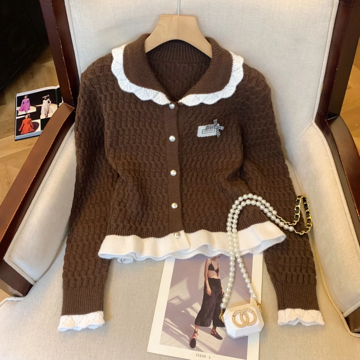 

Sweet Vintage Feel Long Sve Knitted Sweater Cardigan Women's Loose Fit Doll Collar Autumn Winter Warm Thiened Top