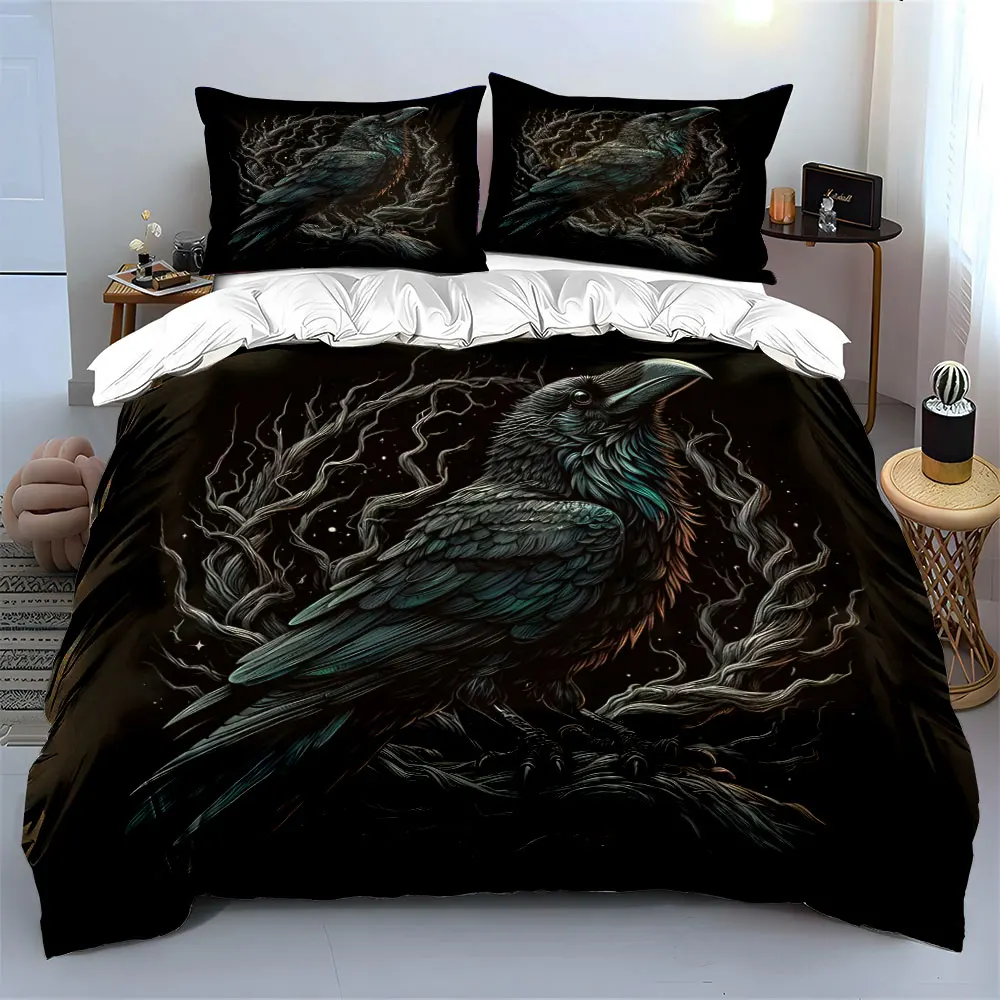 Dark-Themed Crow on a Branch Pattern Duvet Cover Set Digital Print Colorful Polyester Bedding with Zipper Closur for kids gifts
