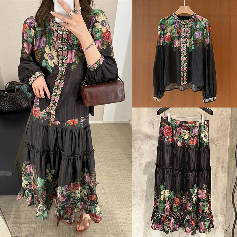 

Женский комплект с цветочным принтом и вышивкой, длинными рукавами, круглым вырезом, свободного кроя, весенне-летний, во французском стиле, с пуговицами