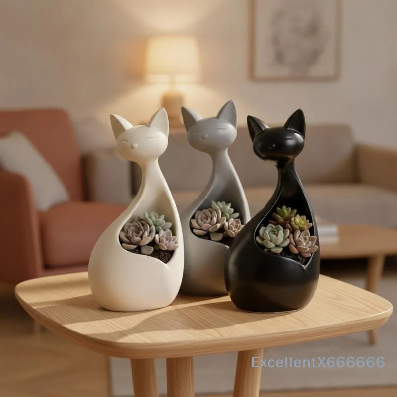 Cute Cat Shaped Flower Pot Nordic Minimalist 3D Printed Planter Ornament for Balcony Garden Home Decoration Gift