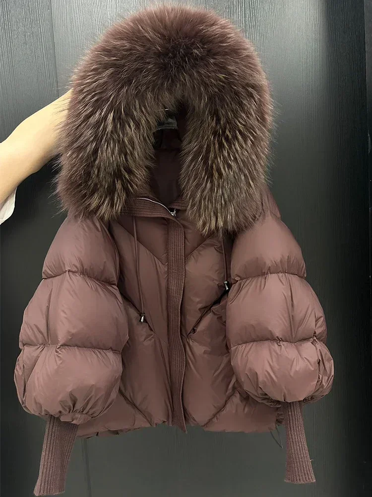 NONE Weiße Ente Daunenmantel Frauen Echtpelz Jacke Mit Kapuze Puffer Jacke Verdicken Warme Gestrickte Ärmel Mittlere Lange Parka Neue Winter Große 5