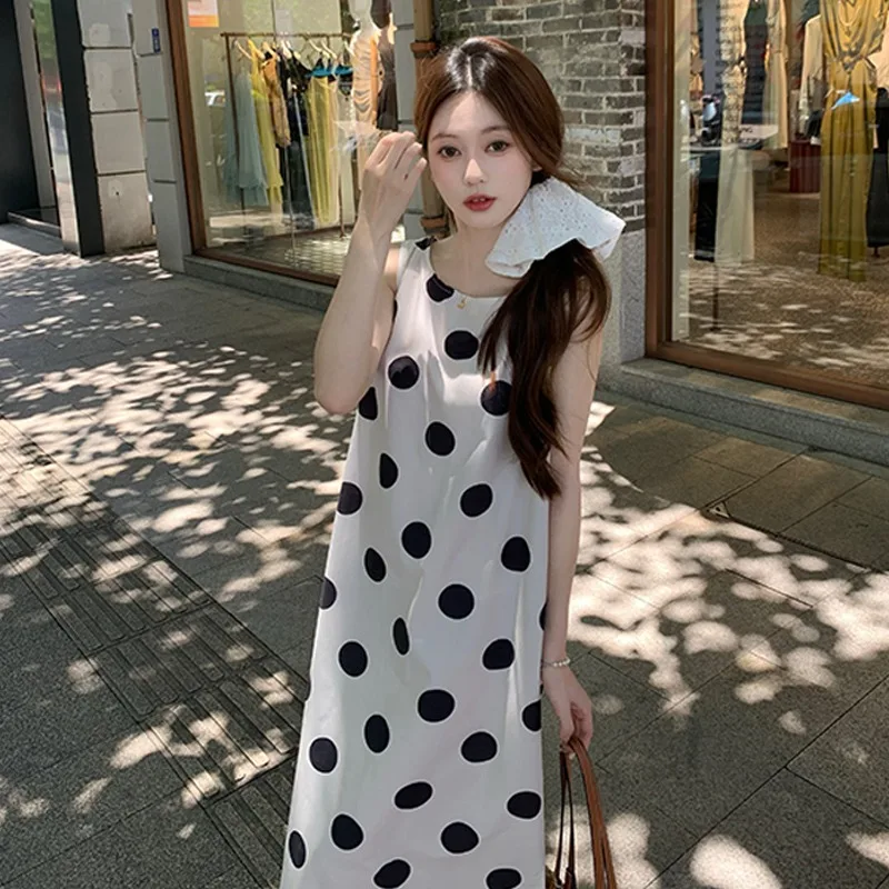 Dresses Women Loose Fit Vintage Polka-dot Backless Design Temper A-line Korean Fashion Summer Sleeveless Vestidos Popular Sexy